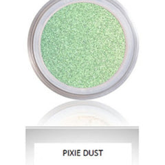 Eye shadow, mint green sparkly powder in a round container, "PIXIE DUST" text visible