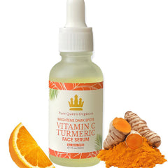Amber glass dropper bottle of vitamin C turmeric serum with golden liquid and minimalist label