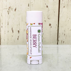 Lip balm tube, white with floral pattern, Green Daffodil Berry label, for lips
