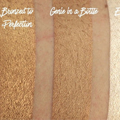 Swatches of bronzer in light brown and gold with text overlay