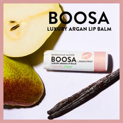BOOSA Vanilla Pear lip balm, white tube with pink band, pear slices and vanilla bean