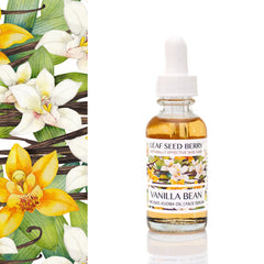 Amber glass dropper bottle of organic vanilla bean serum with golden jojoba oil, minimalist white label