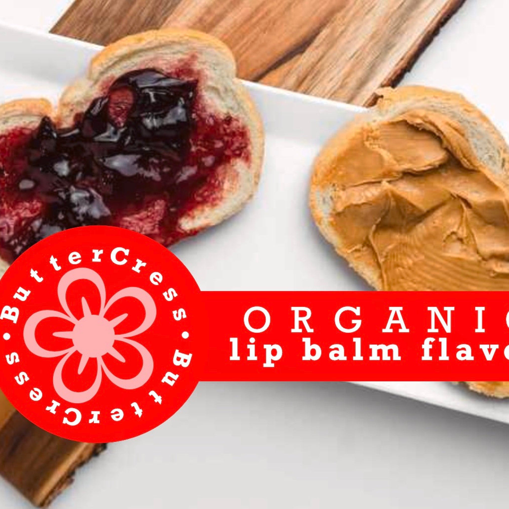 Lip balm flavor with peanut butter and jelly on bread, ButterCress logo, red and white text