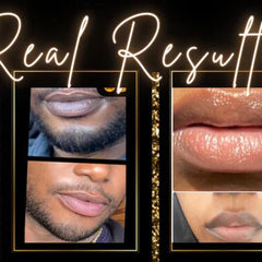 Close-up of glossy pink lips with a dab of Lavish Lip Magic luxe treatment applied from a sleek silver tube