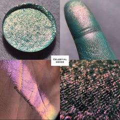 Multichrome eyeshadow with teal, pink, and glittery finish, swatched on finger and skin, Celestial Geode