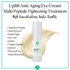 Eye cream bottle, white and silver, with cream swatch, Uplift brand name visible