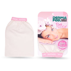 Bath glove with off-white fabric and pink trim, Dermapeel brand visible