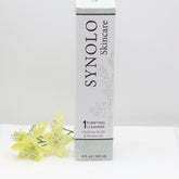 Facial Cleanser white rectangular box with Synolo Skincare text and floral pattern, with yellow flowers