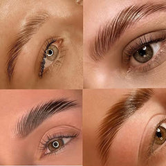 Eyebrow lamination, glossy brown brows, close-up of eyes, showing results of brow treatment