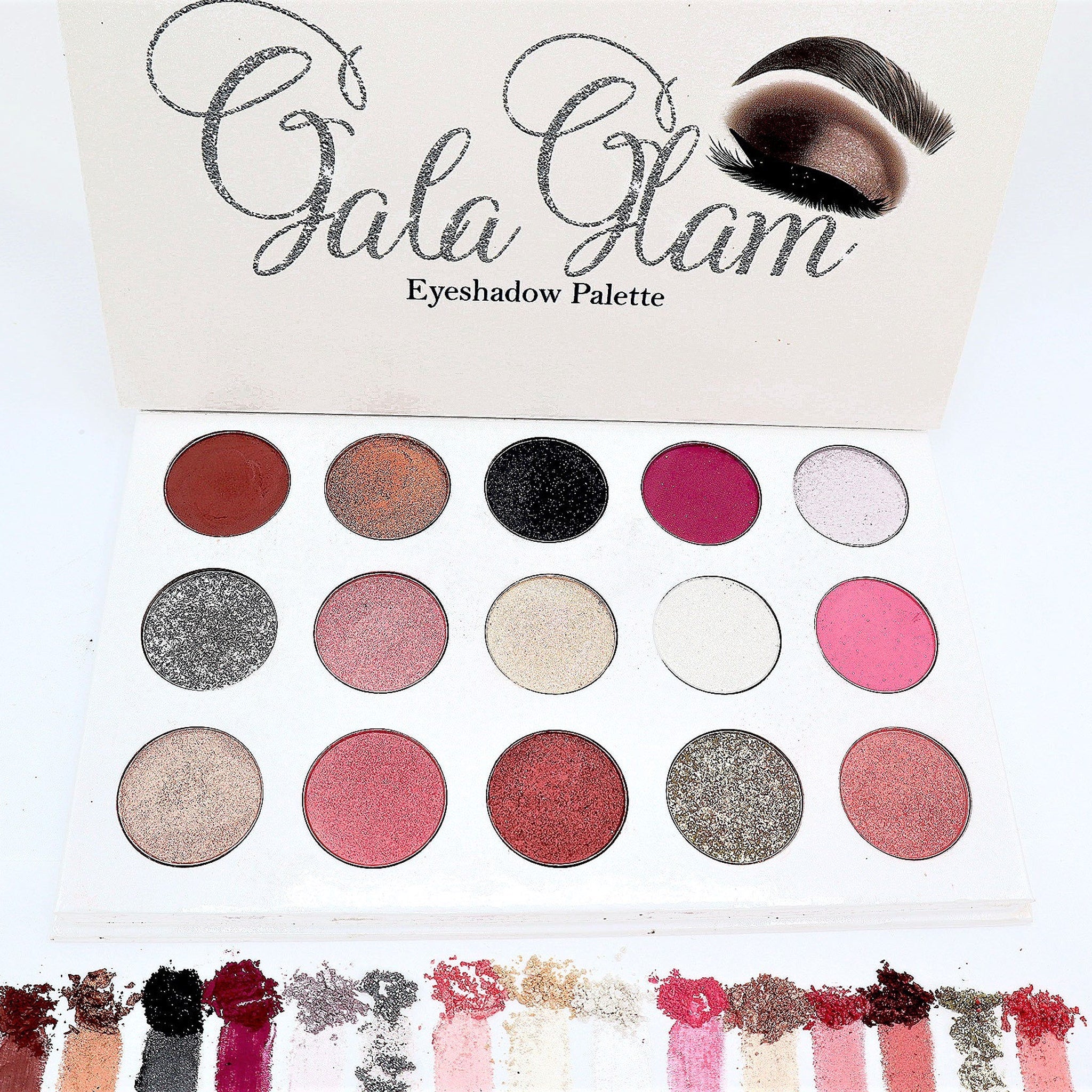 Alluring Faces Gala Glam Eyeshadow Palette featuring 12 vibrant shades in matte and shimmer finishes, arranged in sleek black compact