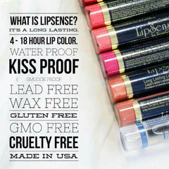 LipSense lipstick tubes in red, pink, and peach with gold accents, by SeneGence brand