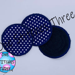 Reusable facial rounds in blue polka dot and dark blue terry cloth, One Stitches Three brand