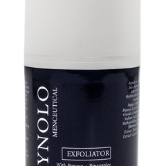 Exfoliator product with white and navy blue cylindrical container, YNOLO brand text visible