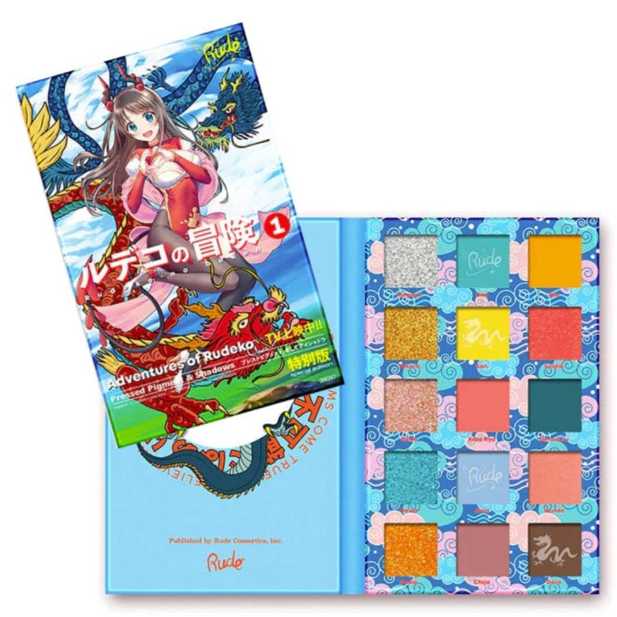 Eye makeup palette with colorful eyeshadows, Rude Cosmetics brand, and anime-style packaging