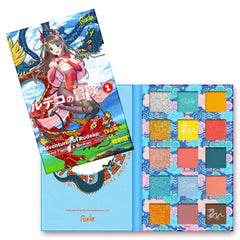 Eye makeup palette with colorful eyeshadows, Rude Cosmetics brand, and anime-style packaging