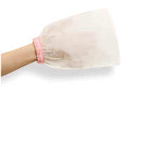 Exfoliating glove, sheer white material with pink trim, worn on hand