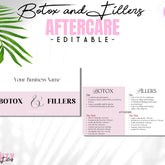 Botox Fillers aftercare card with dusky pink background and black text, editable template by TheBeautyFiles