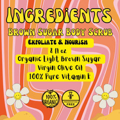 Body scrub ingredients label with yellow text on pink and orange background, daisy illustrations, and "100% Organic" text.