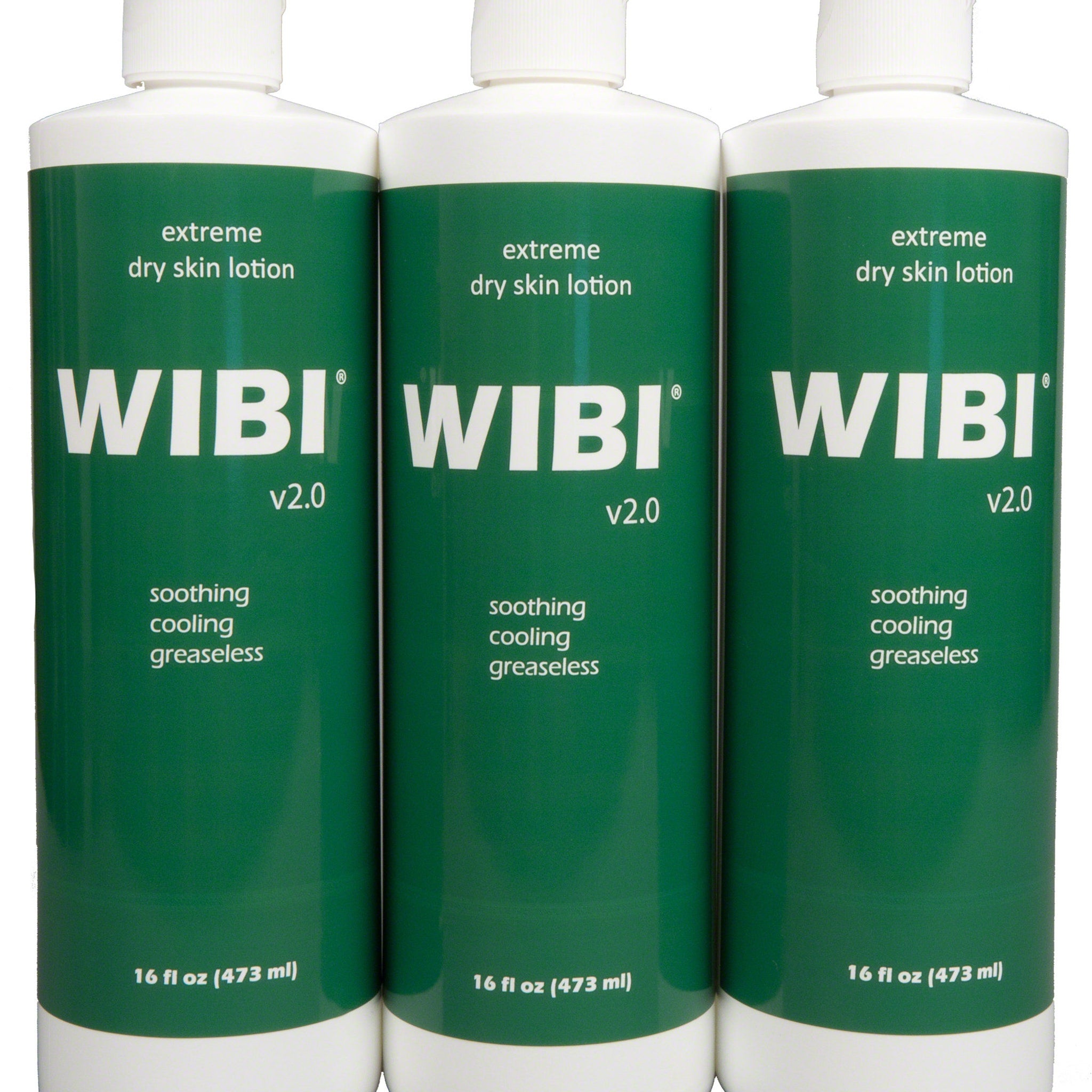 Three white plastic bottles of Wibi Extreme Dry Skin Lotion with blue caps and minimalist labeling, 16oz each