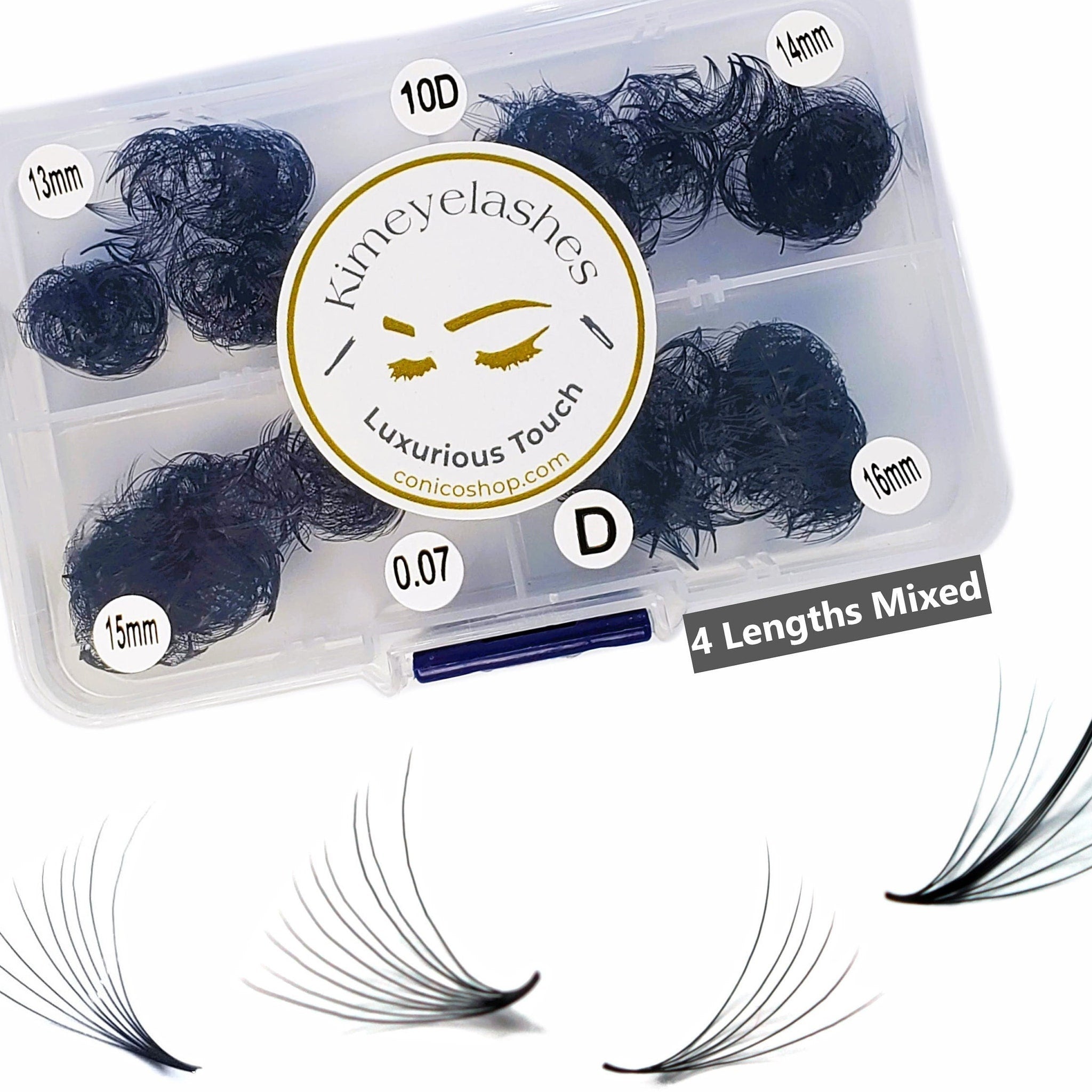 False eyelashes black synthetic fans in a clear container, Kimeyelashes brand, various lengths