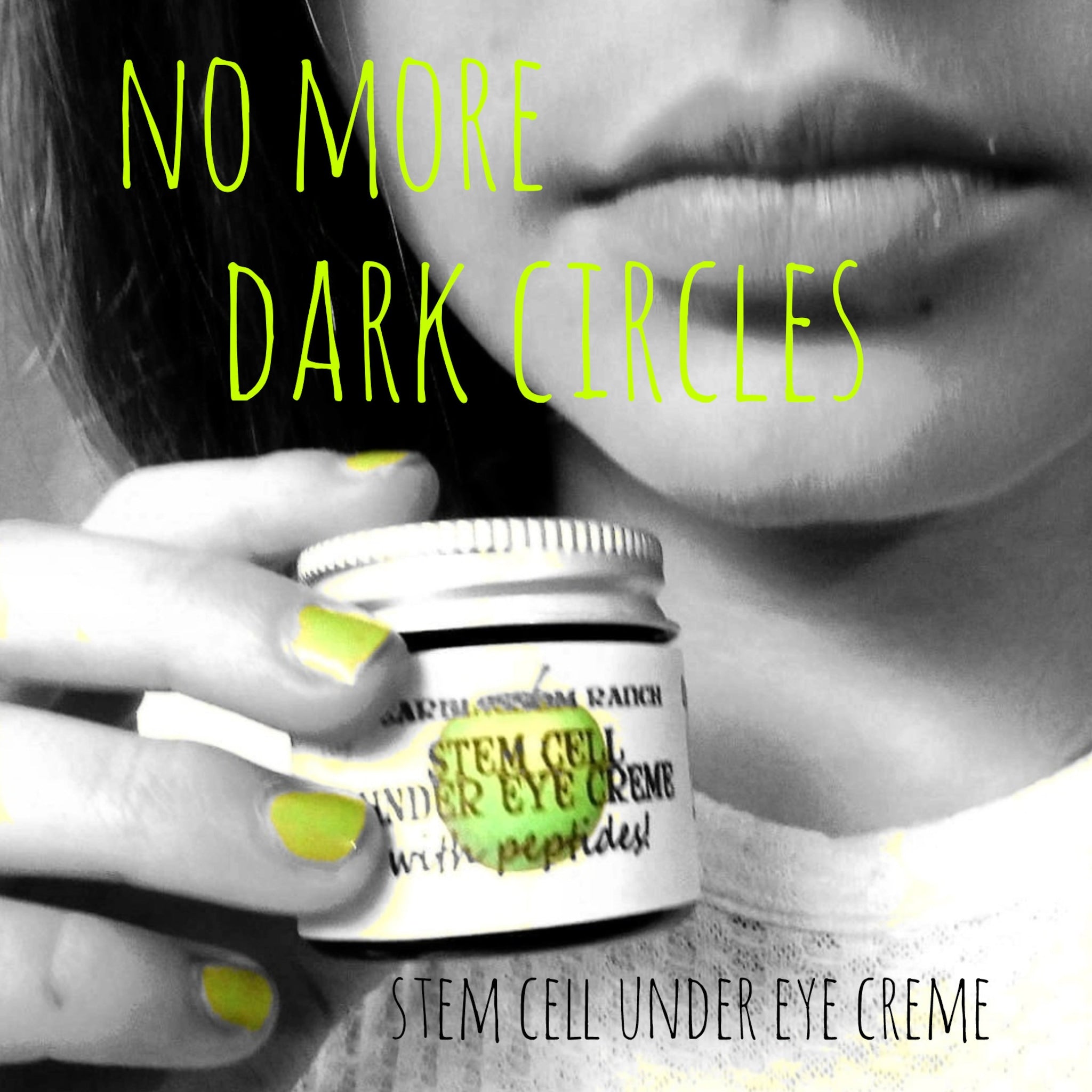 Under eye cream jar with white and silver lid, held by hand with yellow nails, PearBlossom Ranch text visible