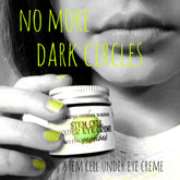 Under eye cream jar with white and silver lid, held by hand with yellow nails, PearBlossom Ranch text visible