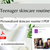 Teen skincare routine PDF with white bottles and Keen Teen logo on paper