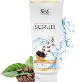 Face scrub product in white tube with SiMi Naturals branding, water splash, and coffee beans