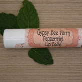 Peppermint Lip Balm with white tube, patterned label, and Gypsy Bee Farm text