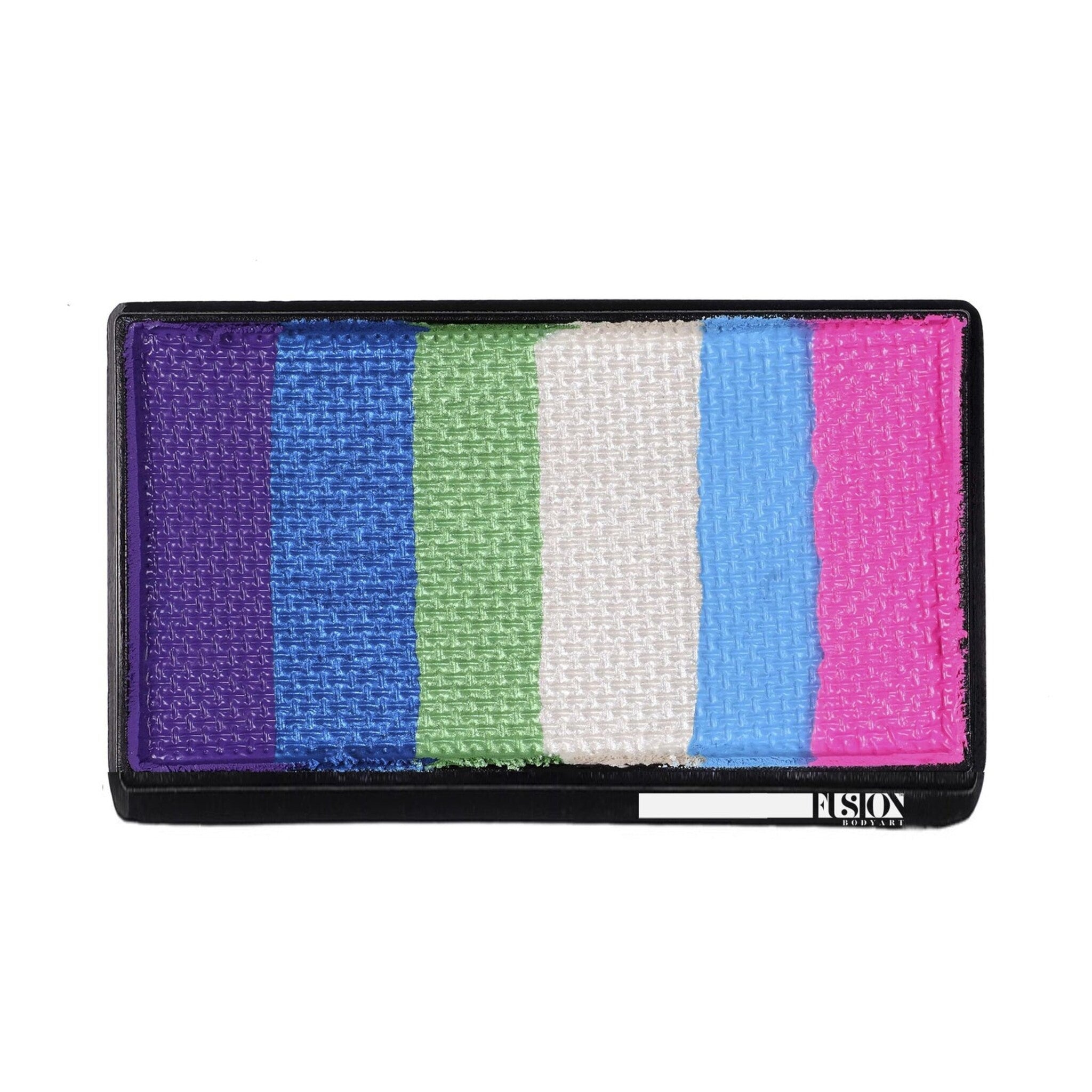 Face powder cake with multiple color blocks, textured pattern, and Fusion Body Art logo