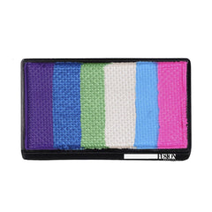 Face powder cake with multiple color blocks, textured pattern, and Fusion Body Art logo