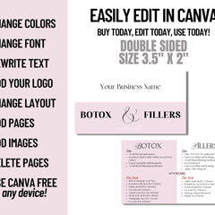 Botox and Fillers aftercare card, pink and white with black text, for business use