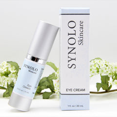 Eye cream bottle with silver cap, light blue label, and SYNOLO Skincare branding next to box