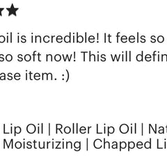 Lip Oil review with black text and white background, includes stars and a smiley face