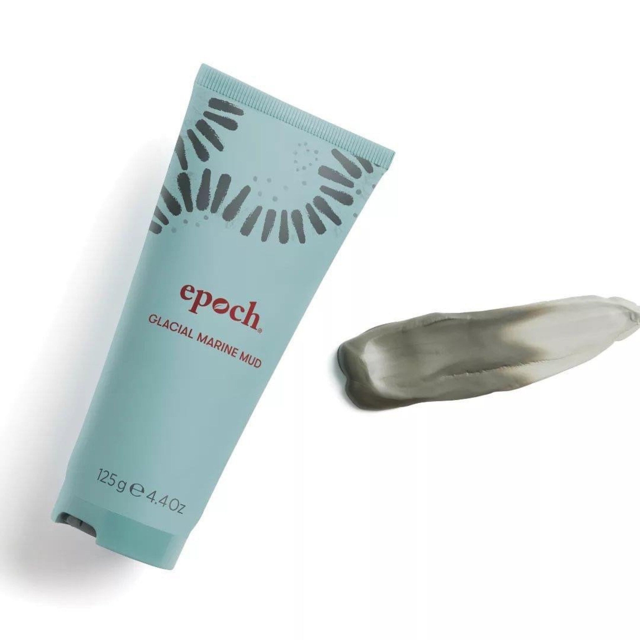 Facial Cleanser tube, teal Epoch, gray mud smear, white background