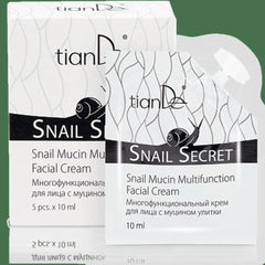 Snail Mucin Facial Cream packaging in white with black text and snail graphic, tianDe brand name visible