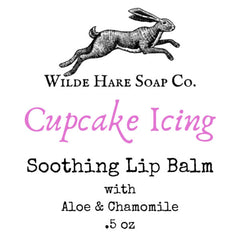 Soothing Lip Balm with pink "Cupcake Icing" text, black Wilde Hare Soap Co. logo, white background