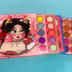 Eyeshadow palettes with pink packaging, colorful eyeshadows, and "Leuins&Coco" text