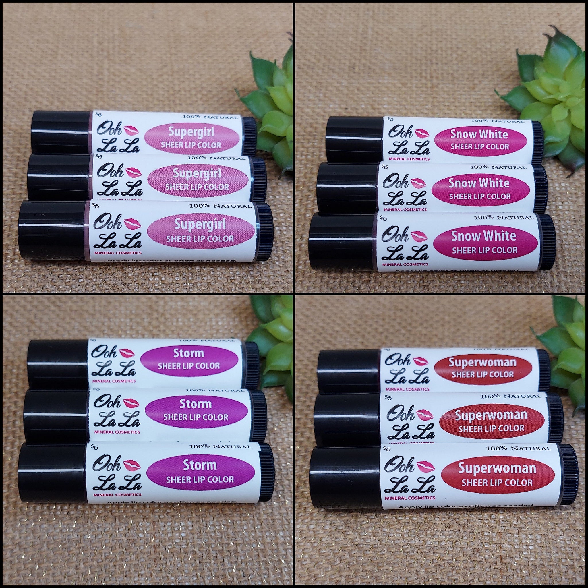 Sheer lip color tubes with black caps and Ooh La La Minerals label, various colors