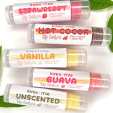 Lip balm tubes with white labels, various colors, Kireiimie brand text visible