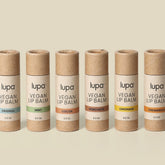 Vegan lip balm tubes, brown paper material, various flavor labels, Lupa brand
