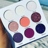 Eyeshadow palette with multiple colors, glitter, and text "My Colorful Bible" on white background