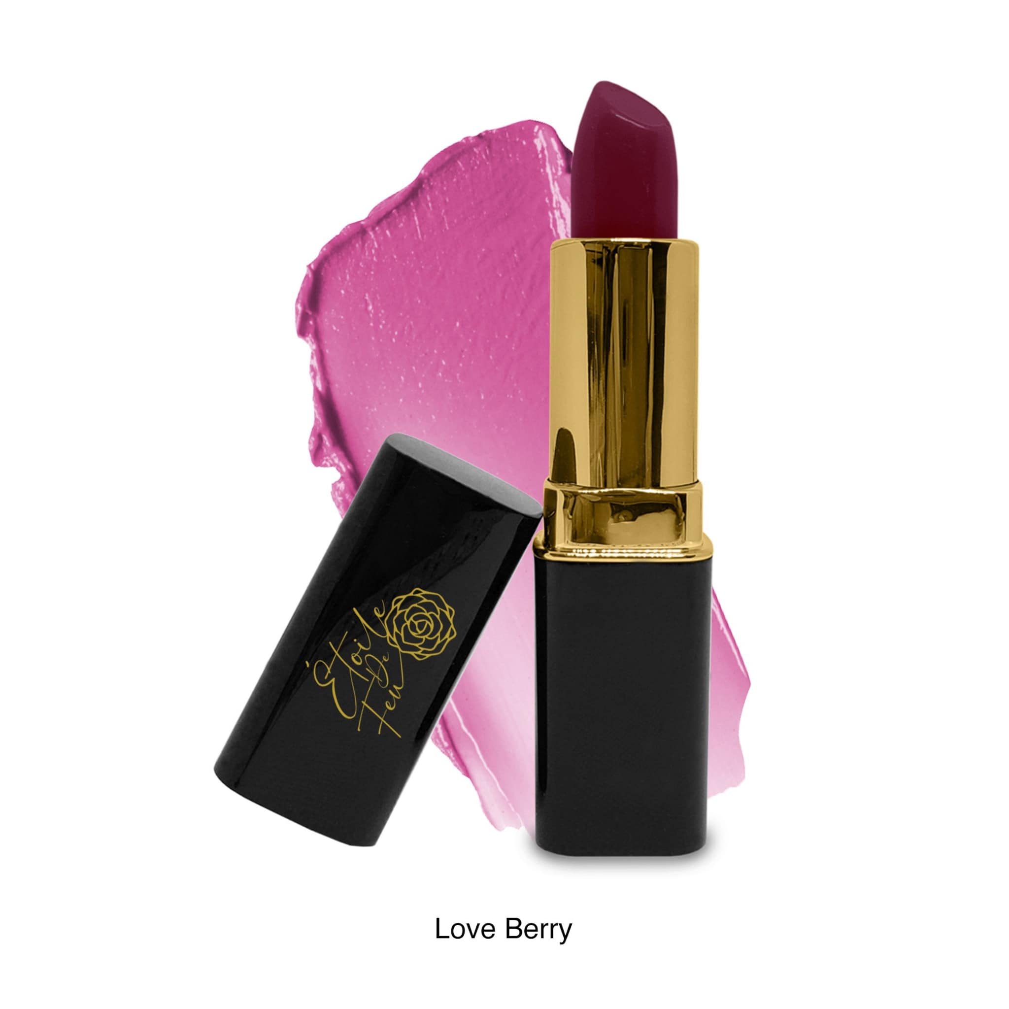 Vegan lipstick, dark berry color, gold and black tube, Etoile De Feu brand name visible