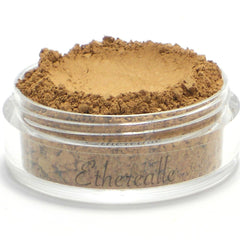 Mineral powder foundation in brown powder, clear jar, Etherealle brand