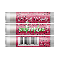 Lip balm tube with watermelon pattern, Delight Naturals branding, and white applicator end