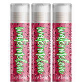 Watermelon lip balm, red and white tubes with watermelon pattern and Delight Naturals text