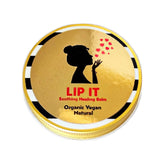 Lip balm container with gold, black and white striped rim, and LIP IT logo