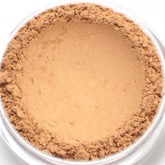 Powder makeup, light brown powder with rough texture in clear container