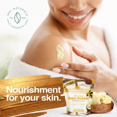 Close-up of golden unrefined shea butter in a glass jar with natural texture visible