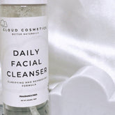 Daily facial cleanser with white label, clear bottle, and Cloud Cosmetics branding